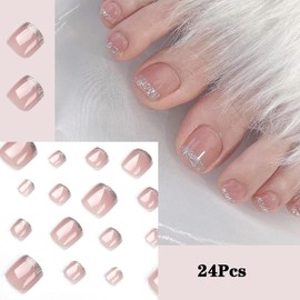 24Pcs Toe Nail Press ons, Short Press on Toenails for Women Square Fake Toenails with Summer Glossy glitter Luxury Design Nude Fake Toe nails Bling French Tip Toenail Press on nails