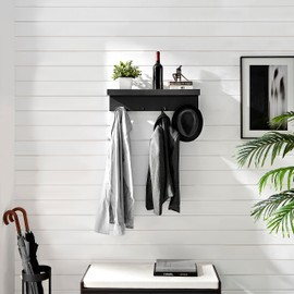 Danya B Wall Mounted Entryway Floating Coat Rack with Four Hanging Hooks and Decorative Ledge Shelf - Great for Entryways, Hallways, Bedrooms, Kitchens, and Bathrooms (Black)