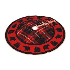 DKJlitter Christmas Tree Skirt, Black Bear Red and Black Cabin Plaid Faux Linen Xmas Tree Mat, for Xmas Home Holiday Indoor Outdoor Decors 48"