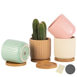 TAMAYKIM 4 Inch Cylinder Ceramic Boho Plant Pots with Drainage Hole and Saucer, Glazed Multicolor Flower Pots for Succulent, Snake Plant, Cactus and Herbs, Set of 4 (Plant Not Included)