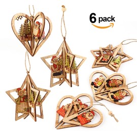 3D Weihnachtsbaumschmuck Deko Holz Weihnachtsbaum 6er Christbaumschmuck Handgemachte Anhänger Dekoration DIY Holz Ornamente Weihnachtsmann Schneemann Elch
