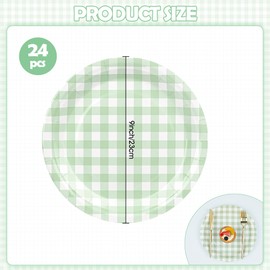 Houuqe 24Pcs Gingham Party Supplies Sage Green Paper Plates 9 inches Disposable Plaid Decorative Dinner Dessert Serving Plates for Baby Shower Wedding Birthday Party