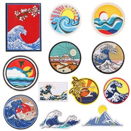 12 Pieces Sea Wave Sunset Patches, Embroidery Patch Stickers, Clothing Decorations, Clothing Repair Patches, DIY Sewing Materials