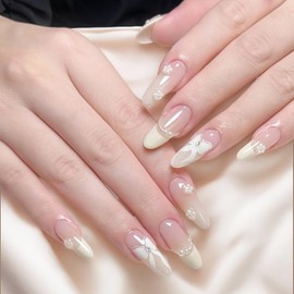 30PCS White French Tip Press on Nails Medium Almond, Pearl Pearls Necklace Bow Design Fake Nails with Glue Gradient Acrylic Nails Full Cover Nude Glossy False Nails for Women Manicure Decoration
