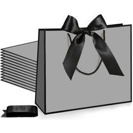 Silkfly 12 Pcs Thank You Gift Bags with Handle 12x10x4'' Welcome Elegant Gifts Bag with Bow Ribbon for Mother's Day Wedding Graduation Bridesmaid Baby Shower Birthday Housewarming (Gray,Black)