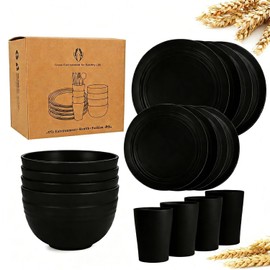 Mtgluk Wheat Straw Dinnerware Set for 4, Plastic Plates, Bowls, and Cups, Unbreakable, Dishwasher & Microwave Safe, Eco-Friendly, Ideal for Family Meals, Camping, and Picnics (Black)