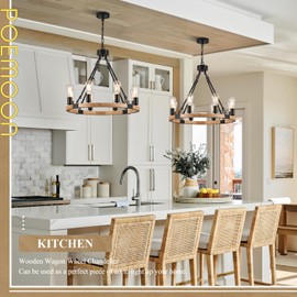 Poemoon 8 Lights Wooden Wagon Wheel Chandelier Natural Farmhouse 23.6'' Black Metal Light Fixtures Rustic Wood Round Chandelier for Living Dining Room Kitchen Entryway Foyer