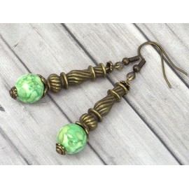 Dangling earrings with tube beads and tinted jade in green and yellow