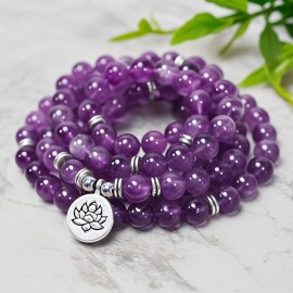 Unbranded 108 Mala Beads Amethyst Prayer Bracelet 8mm Gemstone Lotus Pendant Necklace