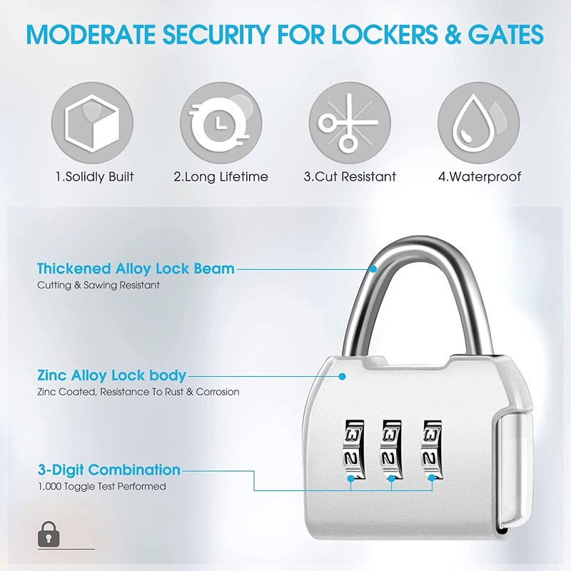 3 Digit Combination Padlock, 4mm Shackle Dia, Resettable Lock Zinc
