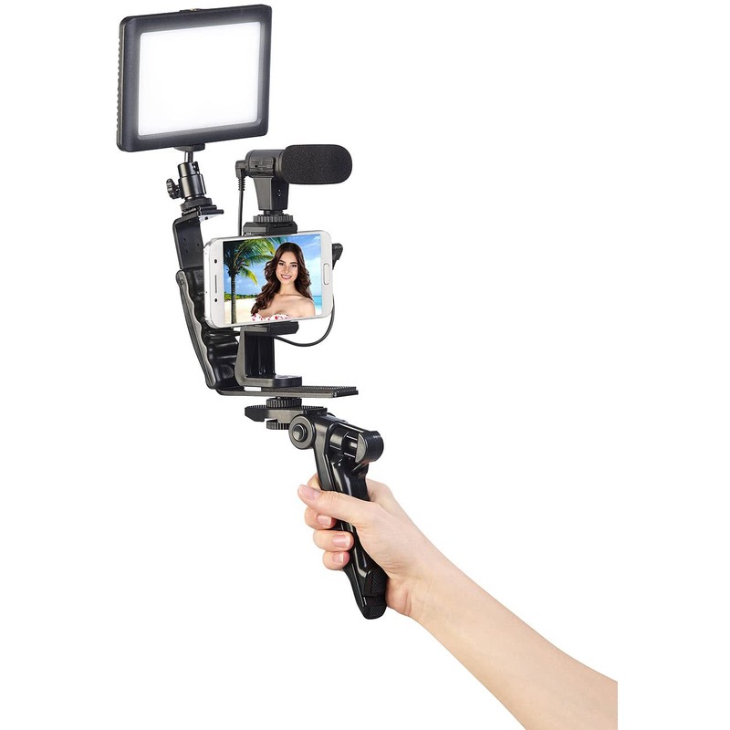 Somikon Videoleuchte: 4-teiliges Vlogging-Set mit LED-Leuchte, Mikrofon, Stativ & Halterung