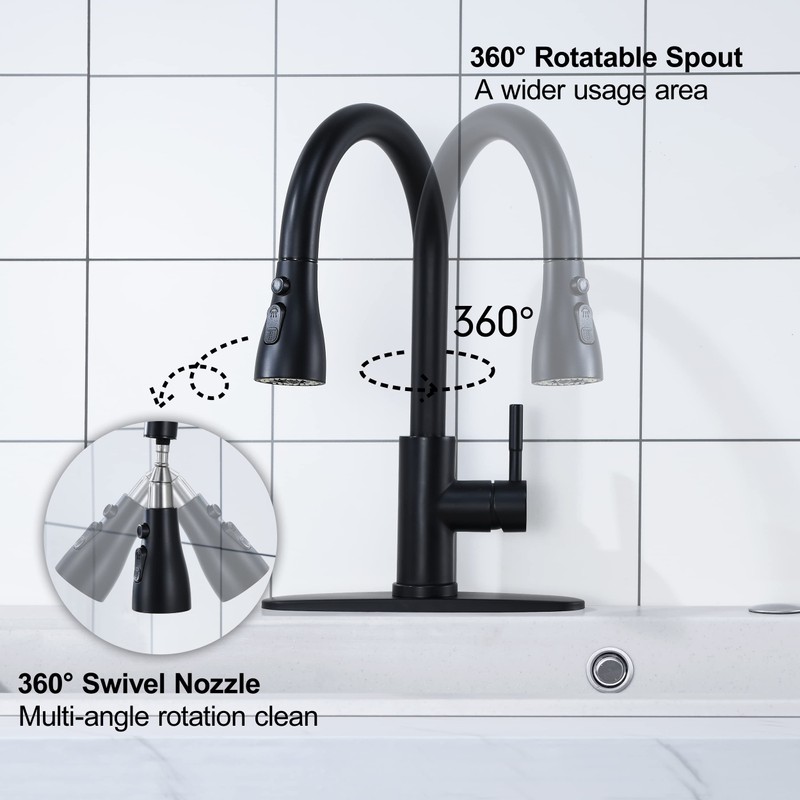 Matte Black Kitchen Faucet with Pull Down Sprayer - High