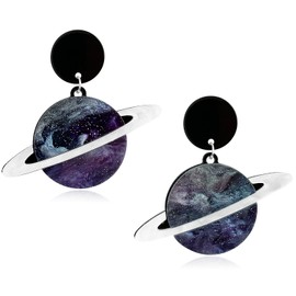 Creative Exaggerated Handmade Acrylic Colored Contrast Sequin Stud Earrings Planet Acrylic Universe Moon Earth Satellite Saturn Space Stud Earrings for Women (Black, White, Gray)
