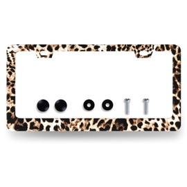 Brown Leopard License Plate Frame Animals License Plate Holder Stainless Steel Colorful Car Accessories Decoration 6.3"X12.3" with 2 Holes Screws
