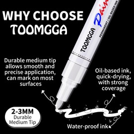 White Paint Pens Permanent Paint Markers - 12 Pack Oil Based Marking Pens, Medium Point, Quick Drying and Waterproof Pens for Rock Painting Car Tyre Metal, Plastic, Canvas, Wood