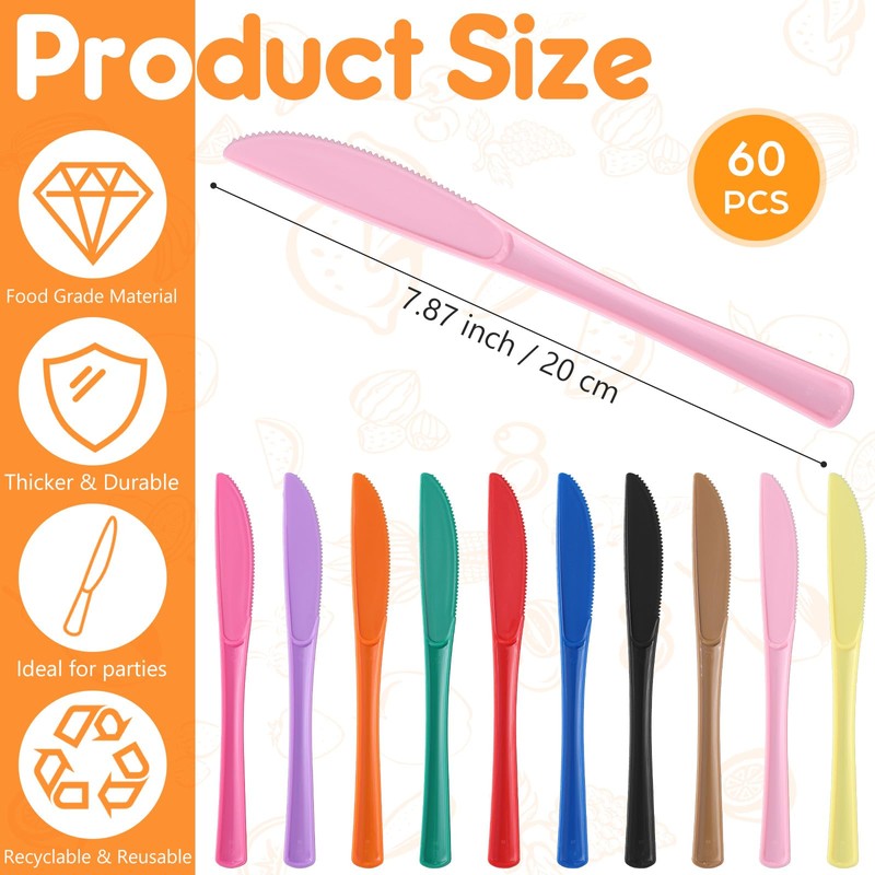 60 Pcs Disposable Plastic Knives Cutlery Heavy Duty Dinnerware Solids