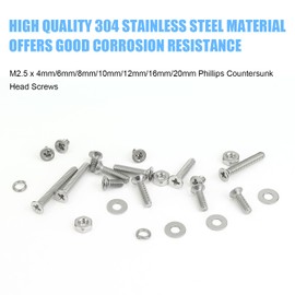 DYWISHKEY 566 Pieces M2.5X 4/6 /8/10 /12/16 /20mm Phillips Countersunk Head Machine Screws Nuts Washers Assortment Kit, M2.5 Machine Screws Kit, 304 Stainless Steel