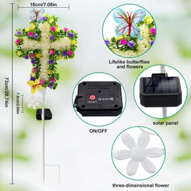 YJFWAL 1 Pack Solar Flowers Cross Garden Stake Lights, Yard Solar Lights Cemetery Decorations For Grave Outdoor Light Jesus Cross Sympathy Memorial Gift For Grandma, Garden Lawn Patio Pathway Deco