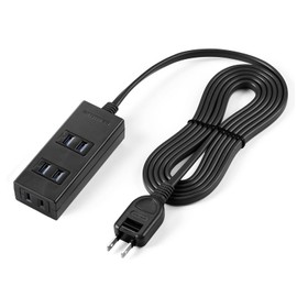 Sanwa Direct 700-TAP053-2BK Power Strip, 3 Outlets, 6.6 ft (2 m), Magnet, Lightning Guard, Dust Prevention, Swing Plug, Black