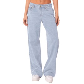 NIMIN Womens Vintage Baggy Mid Rise Washed Jeans Loose Straight Wide Leg Y2K High Waisted Denim Pants with Pockets Bleached Blue Large