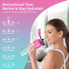 Water Bottles, 32 oz Motivational Water Bottle with Time Marking, Sports Water Bottle with Straw and Carry Strap, Tritan Leak-Proof BPA-Free, 1 Litre Water Bottles with Clean Brush for Fitness