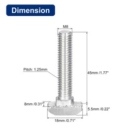 sourcing map 30Pcs T-Slot Bolts, M8 x 45mm Hammer Head Bolt T Screw Drop-in Stud for 4040 Series T-Slot Aluminum Extrusion Profile, 304 Stainless Steel, Silver