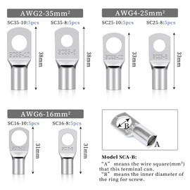 Elecoutek Pack of 30 Tube Terminals Set Cable Lugs 16 mm² 25 mm² 35 mm² Ring Cable Lugs M8 M10 Copper Terminals Tin-Plated Copper Crimp Connector for Car Motorcycle Boats