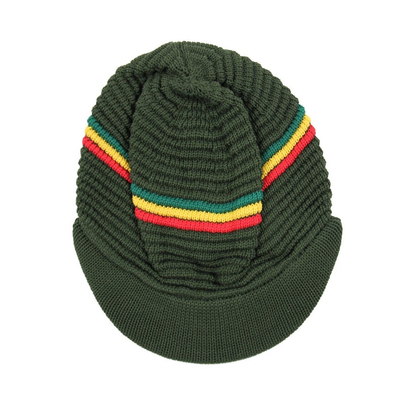 RW Knitted Cotton Rasta Skully Beanie Visor (Olive/RGY)