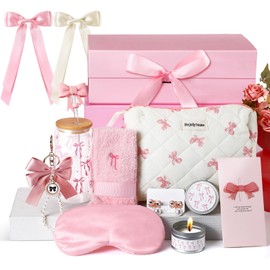 Skylety Pink Bow Gift Baskets for Teen Girls, Women Valentines Galentine's Gifts Trendy Stuff Coquette Teen Girl Birthday Box Gift for Her, Sister Friend Women Sweet 16th 18th 21st Box Set