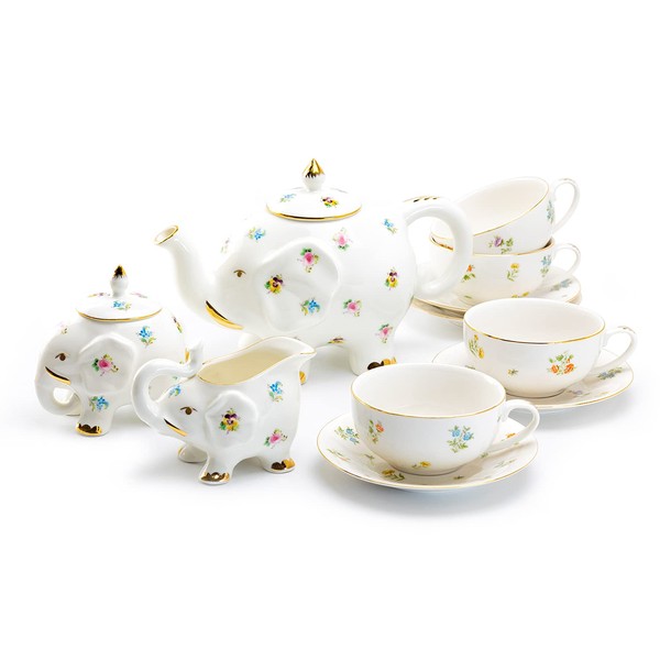 Grace Teaware Floral Elephant Fine Porcelain Tea Set 11 piece