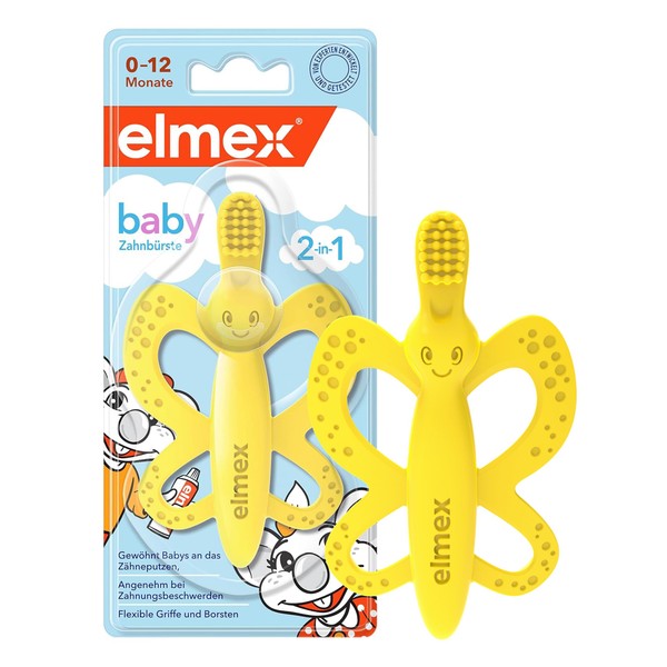 elmex 2-in-1 Baby Toothbrush and Teether 0-12 Months, 1 Piece - Used to Brushing Teeth and Comfortable for Teething Discomfort - BPA Free and Healthy