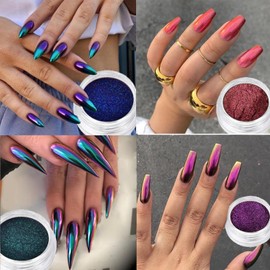 Juego de 4 piezas con efecto camaleón y purpurina en polvo de uñas con pigmento metálico, esmalte de polvo cromado, pigmento brillante, decoración de bricolaje, efecto sirena, pigmento cromado, polvo