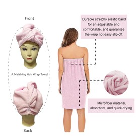 Hysunland Pink Plus Size Wearable Spa/Bath XXL Towel Wraps for Dorm Bathroom, Microfiber Shower Wrap Set for Plus Size Women 2X/3X, Quick Dry Water Absorbent Swim Wrap Around Robe