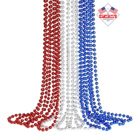 ZZYFGH 33'' 7mm Metallic Red/Silver/Blue Bead Necklace Bulk, Mardi Gras Round Beaded Necklaces for July 4th Party Favors Costume Necklace (12 Pcs)
