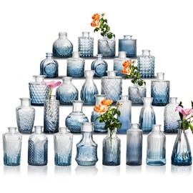 Glass Bud Vase Set of 30 - Small Vases for Flowers in Bulk - Assorted Vintage Crystal Vases for Flowers, Table Centerpieces (Blue, 30 Pcs)
