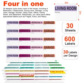 600 Pieces Large Home Moving Packing Box Labels(3x2 inch),20 Designs Color-Coded Labels with Writable Note Areas, Fragile Stickers, Heavy & Blank Labels Included