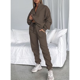 Aleumdr Womens Half Zip Pullover Long Sleeve Sweatshirt Jogger Pants Lounge Sets 2 Piece Outfits Sweatsuit with Pockets Brown Large