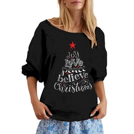 Roshop Womens Off Shoulder Believe Christmas Holiday Long Sleeve Sweatshirts CT XL
