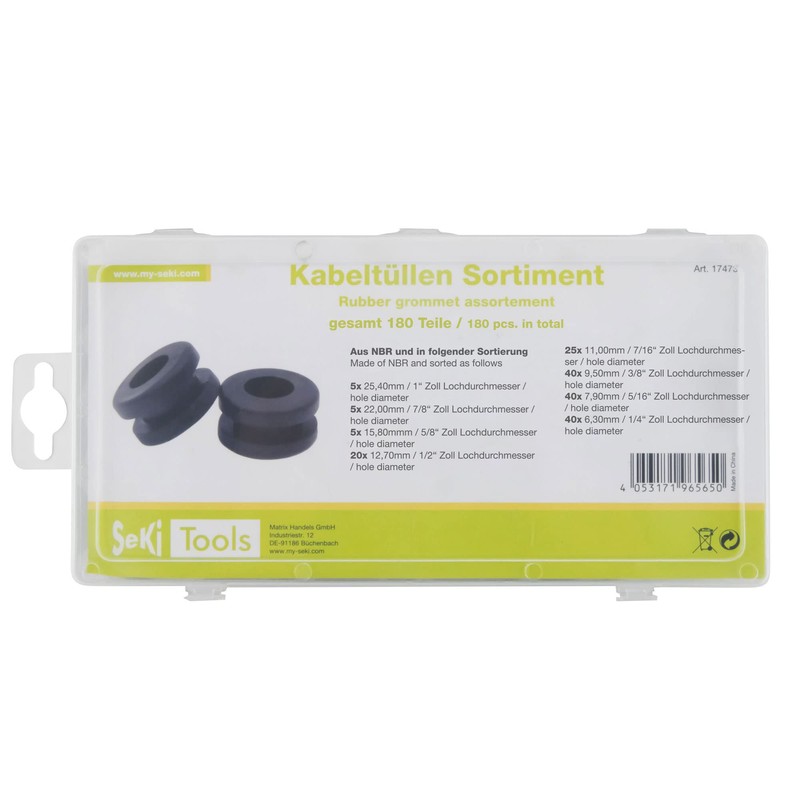 SeKi Rubber grommet assortment, 180 pieces, 8 different dimensions, electrical