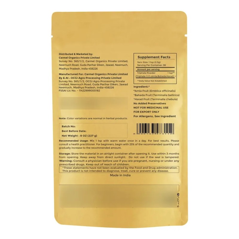 Triphala Polvo Carmel Organics 240ml Soporte Digestivo