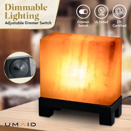 UMAID Himalayan Salt Lamp Rectangle, Natural Pink Rock Lamp on Modern Wood Base with Night Light Bulb and Dimmable Cord, Unique Home Decor, Zen Gifts, Perfect for Spa and Meditation Accessories