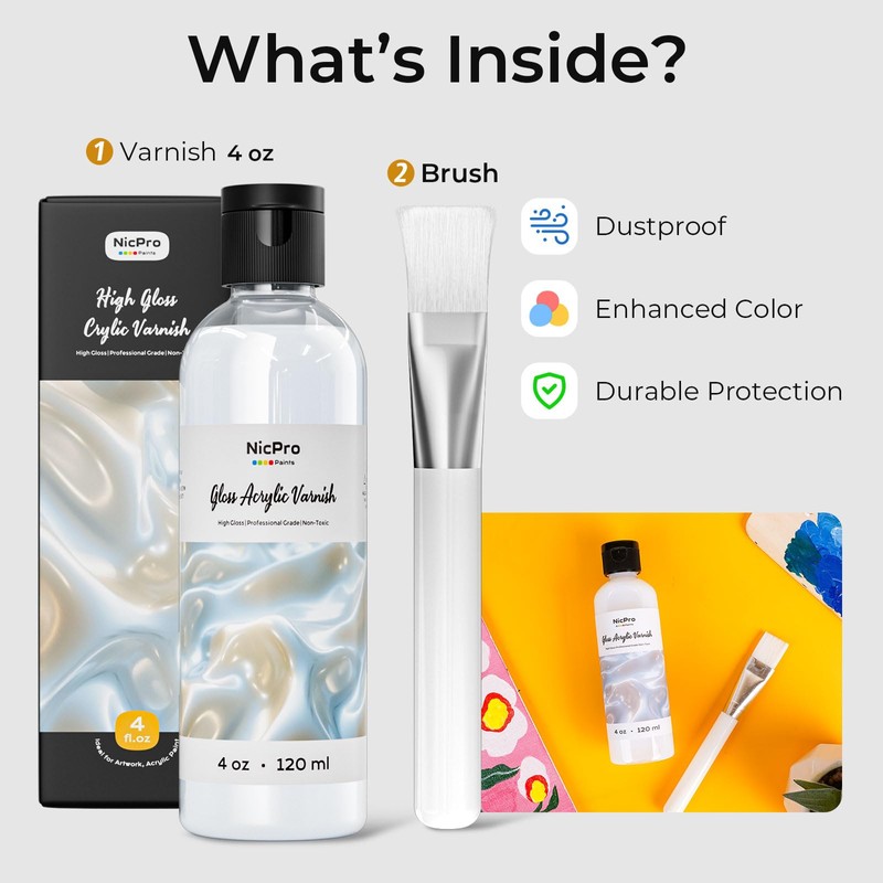 Nicpro Gloss Varnish for Acrylic Painting 4oz, Non-Yellowing, Non-Toxic, Anti-Crazing,