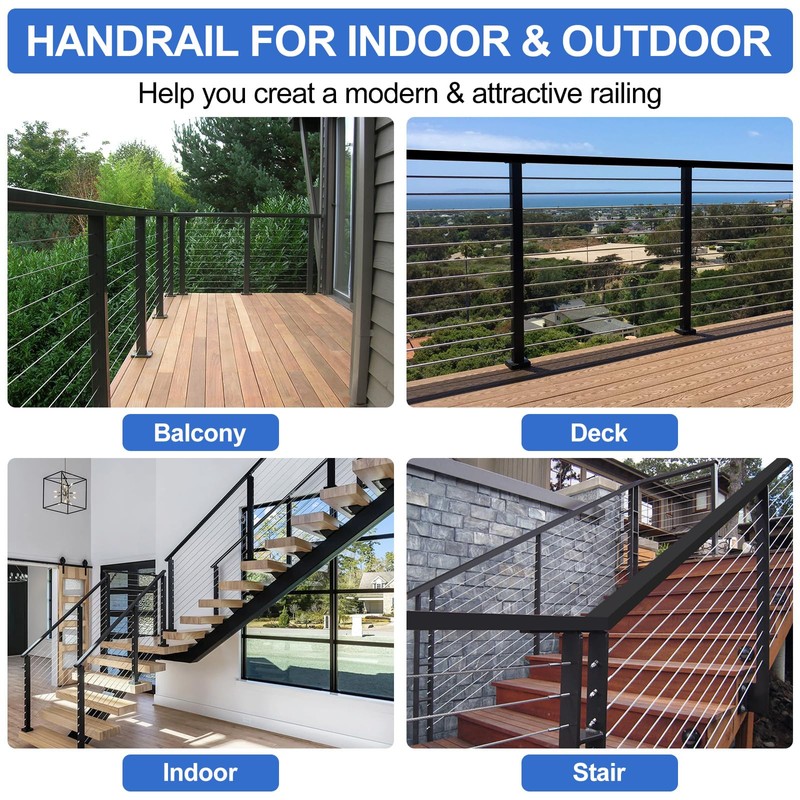 PLANTOP 6'6'' Stainless Steel Rectangular Handrail, Cuttable Cable Railing Handrails