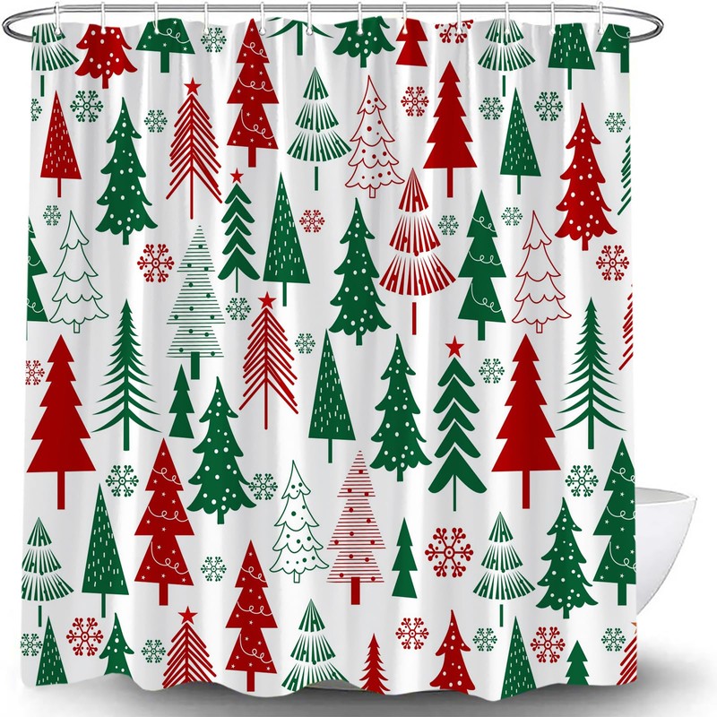UPUMKSK Christmas Tree Shower Curtain Red Green Xmas Tree Snowflake