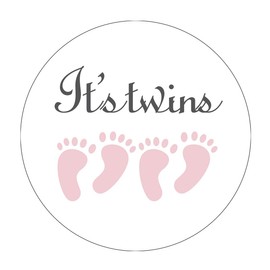 MAGJUCHE Pink It's Twins Baby Shower Stickers, Two Girls Little Feet Baby Shower Favor Stickers, 2 Inch, 40-Pack