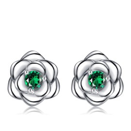 Silver Stud Earrings for Women Girls, Rose Flower Sterling Silver Studs Earrings with Green Cubic Zirconia│White Gold Plated Dainty Romantic Earrings Jewellery Gifts