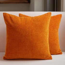 Encasa Chenille Cushion Covers Set of 2 | Orange - (20"x20") (50x50 cm) | Decorative Accent Square Throw Pillow Cases For Couch, Home Decor, Sofa