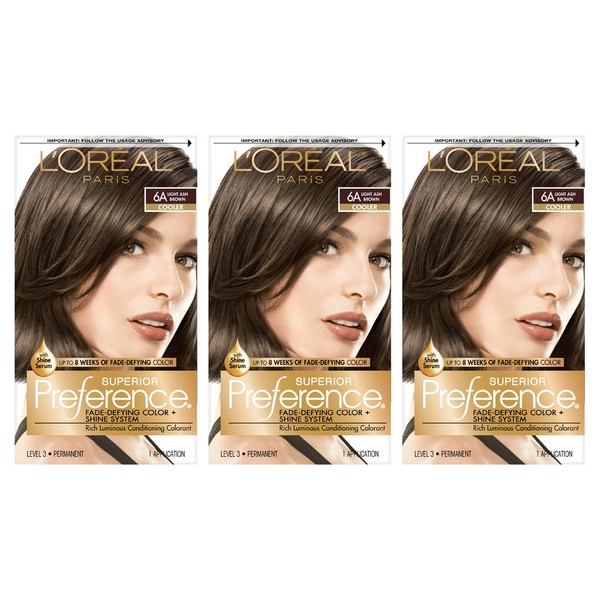 L'Oreal Paris Superior Preference Fade-Defying + Shine Permanent Hair Color, 6A Light Ash Brown, Pack of 3, Hair Dye