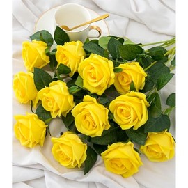 Ramo de rosas artificiales de seda con tallo largo para decoración del hogar, boda, fiesta - 12 unidades, amarillo