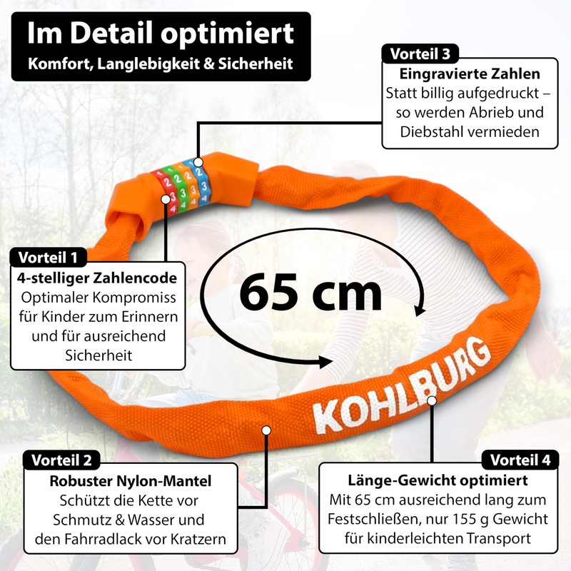 KOHLBURG Children's Bicycle Lock Combination Lock 4 Digits [Without Plasticiser,